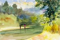 Watercolor landscape original painting colorful of mountain riveÃ Â¸Å¾ Royalty Free Stock Photo